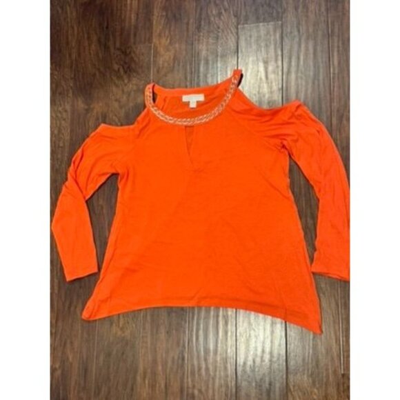 Womens Michael Kors Orange Cold Shoulder Top Shirt With Gold Chain Neckline Lrg - Picture 1 of 4